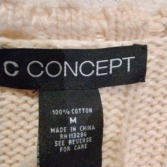 Long, V-Neck, Cable Knit Off White Pullover Sweater MEDIUM 100% Cotton - Picture 3 of 5